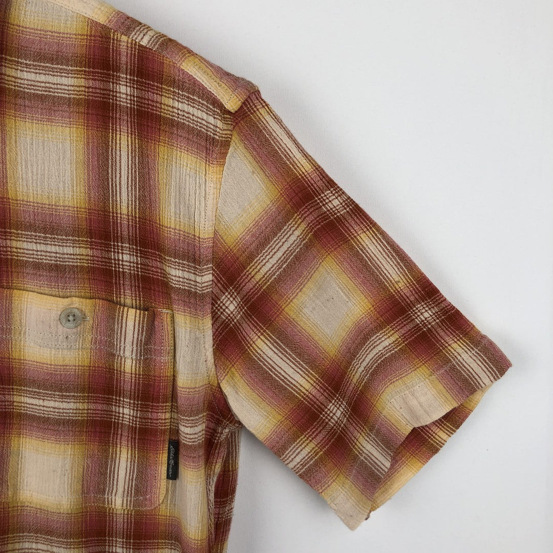 Eddie Bauer CLASSIC FIT Ombre Check Crepe Short-Sleeve Cotton Check Shirt, Boxy Shirt, Men's Size M (approx.) cotton red type Vintage Second Hand
