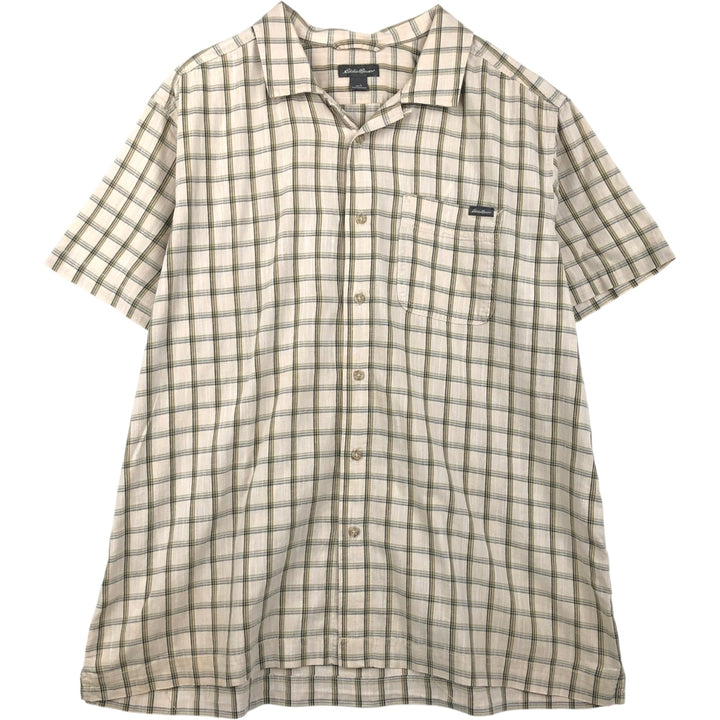 Eddie Bauer Check Pattern Short-Sleeve Open Collar Cotton Shirt, Boxy Shirt, Men's Size L (approx.) cotton Beige type Vintage Second Hand