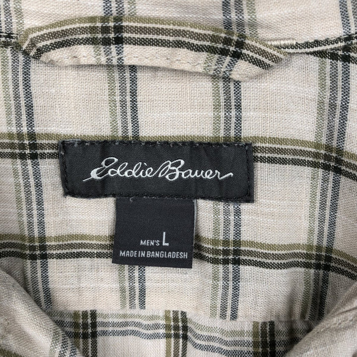 Eddie Bauer Check Pattern Short-Sleeve Open Collar Cotton Shirt, Boxy Shirt, Men's Size L (approx.) cotton Beige type Vintage Second Hand