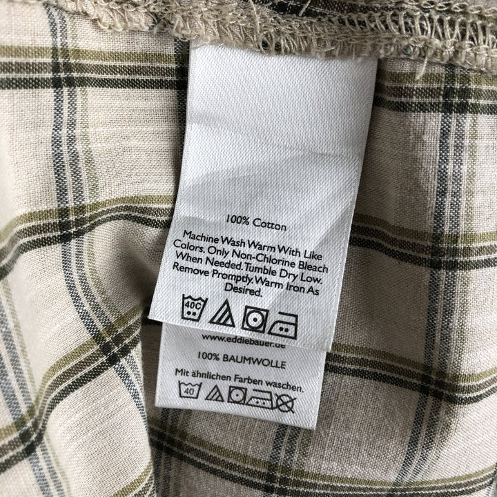 Eddie Bauer Check Pattern Short-Sleeve Open Collar Cotton Shirt, Boxy Shirt, Men's Size L (approx.) cotton Beige type Vintage Second Hand