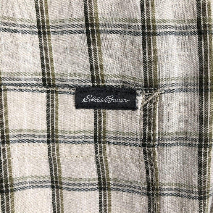 Eddie Bauer Check Pattern Short-Sleeve Open Collar Cotton Shirt, Boxy Shirt, Men's Size L (approx.) cotton Beige type Vintage Second Hand