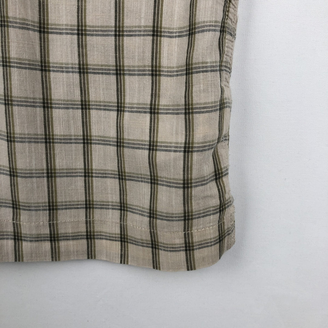 Eddie Bauer Check Pattern Short-Sleeve Open Collar Cotton Shirt, Boxy Shirt, Men's Size L (approx.) cotton Beige type Vintage Second Hand