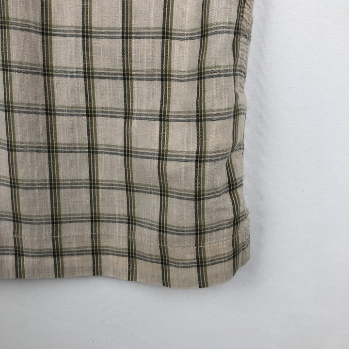 Eddie Bauer Check Pattern Short-Sleeve Open Collar Cotton Shirt, Boxy Shirt, Men's Size L (approx.) cotton Beige type Vintage Second Hand