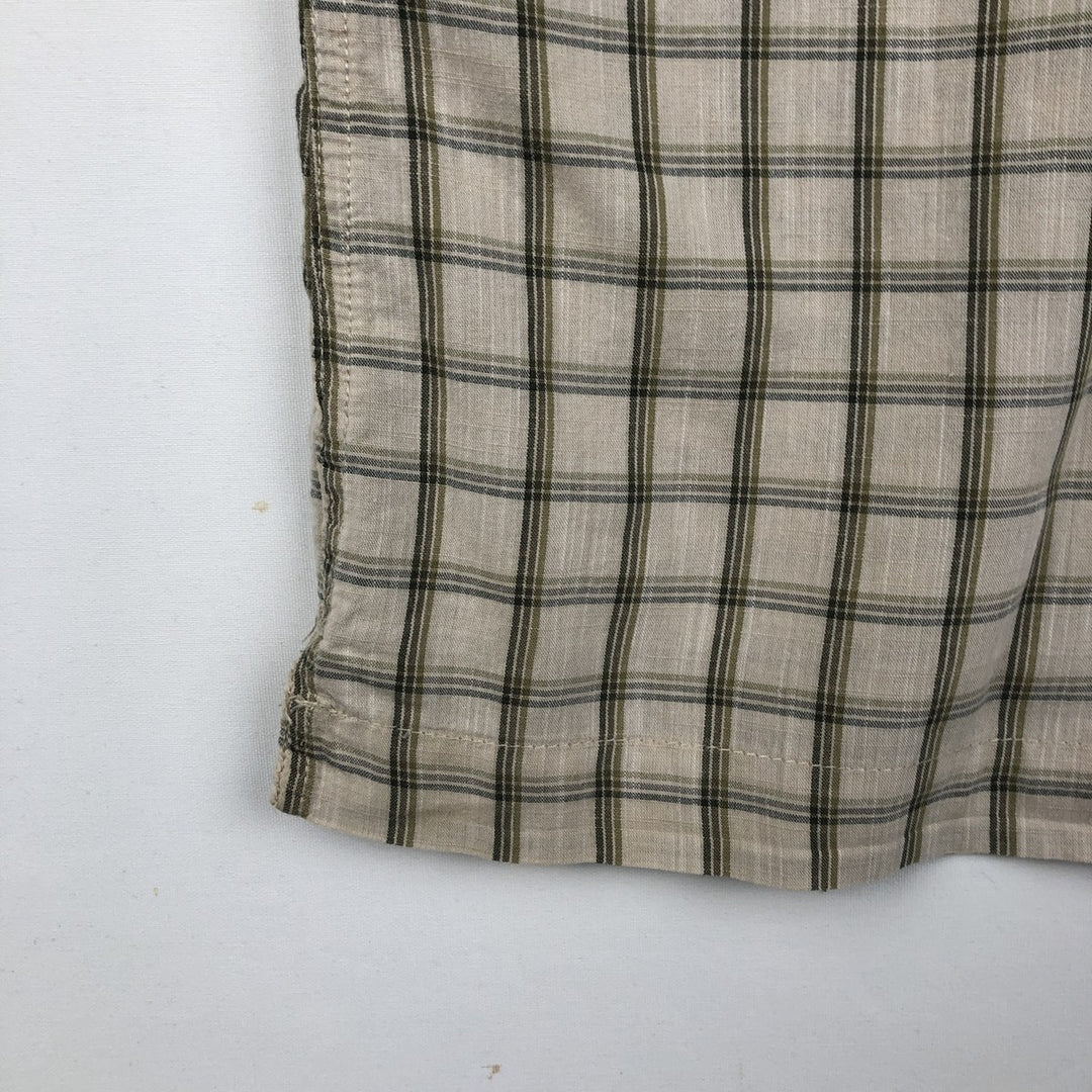 Eddie Bauer Check Pattern Short-Sleeve Open Collar Cotton Shirt, Boxy Shirt, Men's Size L (approx.) cotton Beige type Vintage Second Hand