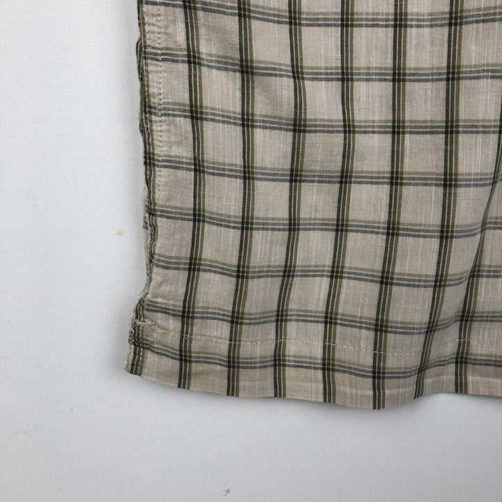 Eddie Bauer Check Pattern Short-Sleeve Open Collar Cotton Shirt, Boxy Shirt, Men's Size L (approx.) cotton Beige type Vintage Second Hand