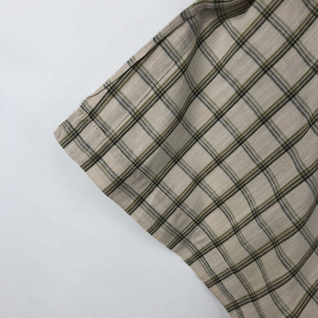 Eddie Bauer Check Pattern Short-Sleeve Open Collar Cotton Shirt, Boxy Shirt, Men's Size L (approx.) cotton Beige type Vintage Second Hand