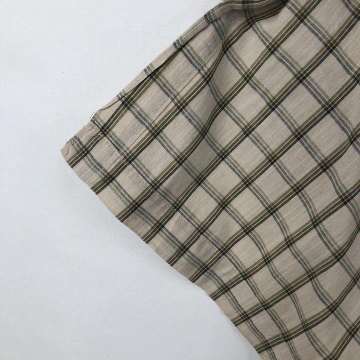 Eddie Bauer Check Pattern Short-Sleeve Open Collar Cotton Shirt, Boxy Shirt, Men's Size L (approx.) cotton Beige type Vintage Second Hand