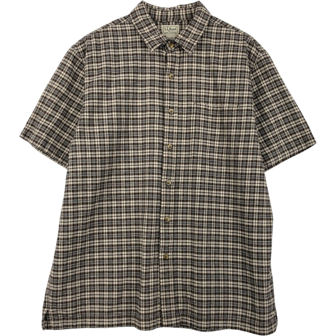 LLBean Short-Sleeve Cotton Check Shirt, Boxy Shirt, Men's Size L (Equivalent), Vintage cotton brown type Vintage Second Hand