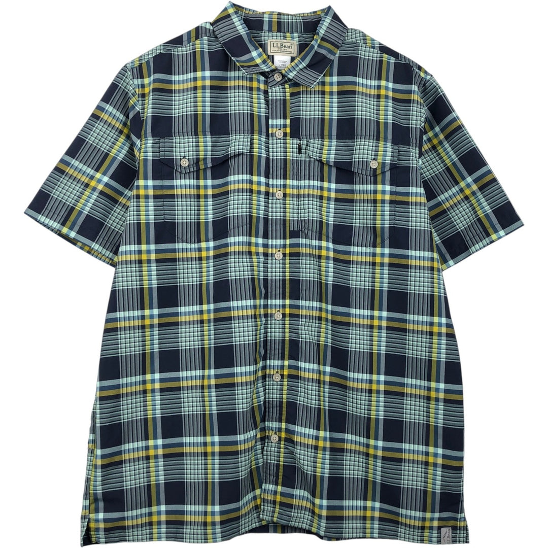 LLBean Short-Sleeve Check Shirt, Boxy Shirt, Men's Size L (approx.) polyester navy blue type Vintage Second Hand