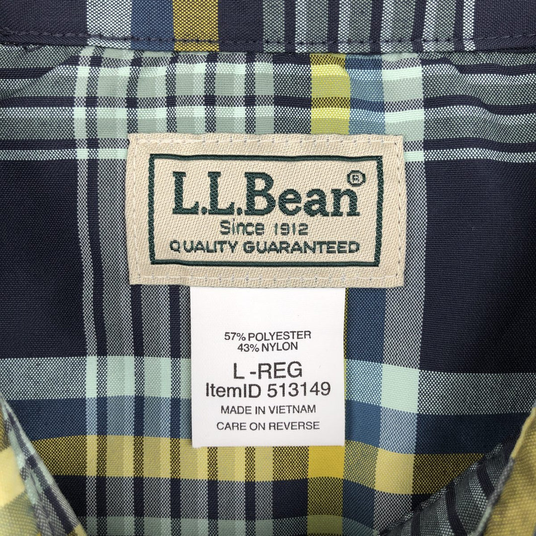 LLBean Short-Sleeve Check Shirt, Boxy Shirt, Men's Size L (approx.) polyester navy blue type Vintage Second Hand
