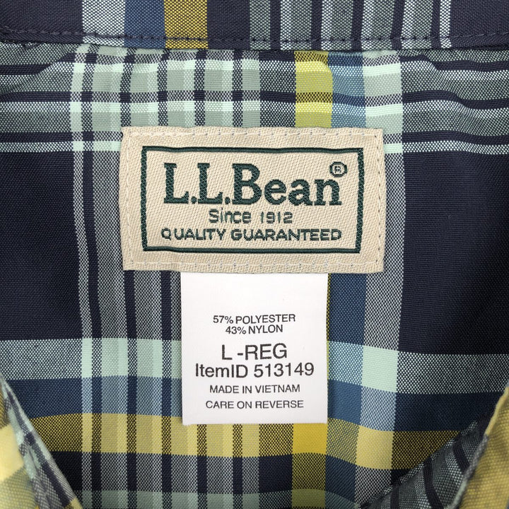LLBean Short-Sleeve Check Shirt, Boxy Shirt, Men's Size L (approx.) polyester navy blue type Vintage Second Hand