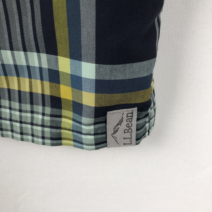 LLBean Short-Sleeve Check Shirt, Boxy Shirt, Men's Size L (approx.) polyester navy blue type Vintage Second Hand