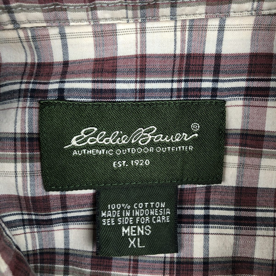 Eddie Bauer Short-Sleeve Button-Down Check Shirt, Boxy Shirt, Men's Size XL (approx.) cotton burgundy type Vintage Second Hand
