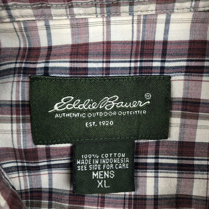 Eddie Bauer Short-Sleeve Button-Down Check Shirt, Boxy Shirt, Men's Size XL (approx.) cotton burgundy type Vintage Second Hand