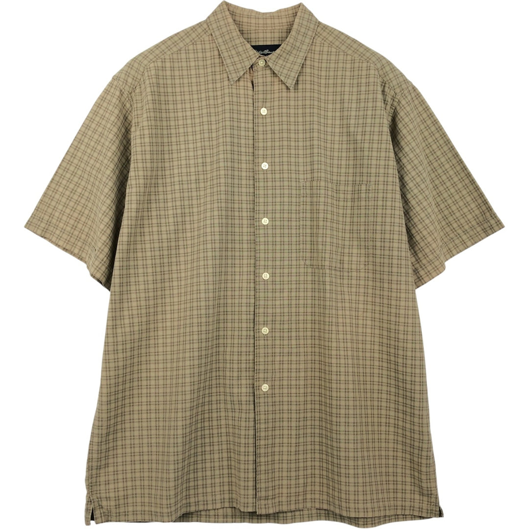 Eddie Bauer Short-Sleeve Cotton Check Shirt, Boxy Fit, Men's Size L (approx.) cotton Khaki type beige Vintage Second Hand