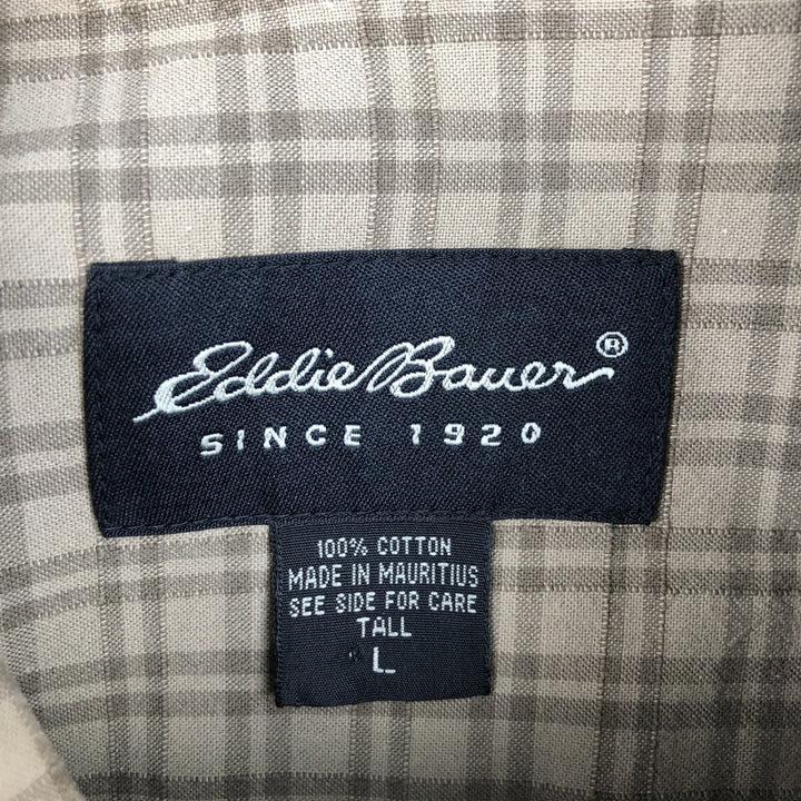 Eddie Bauer Short-Sleeve Cotton Check Shirt, Boxy Fit, Men's Size L (approx.) cotton Khaki type beige Vintage Second Hand