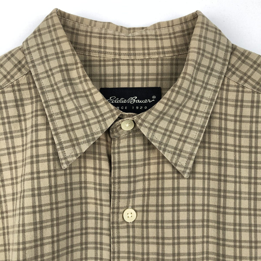 Eddie Bauer Short-Sleeve Cotton Check Shirt, Boxy Fit, Men's Size L (approx.) cotton Khaki type beige Vintage Second Hand