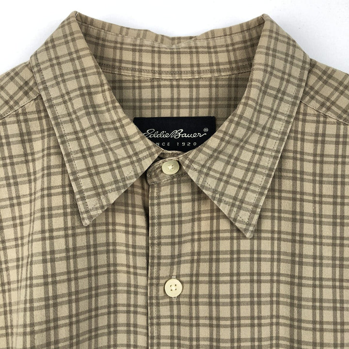 Eddie Bauer Short-Sleeve Cotton Check Shirt, Boxy Fit, Men's Size L (approx.) cotton Khaki type beige Vintage Second Hand