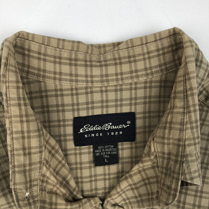 Eddie Bauer Short-Sleeve Cotton Check Shirt, Boxy Fit, Men's Size L (approx.) cotton Khaki type beige Vintage Second Hand