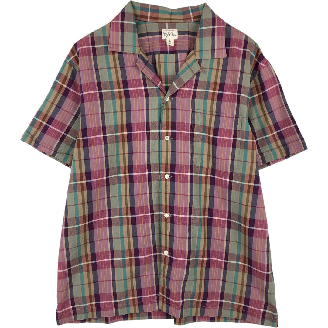 J.Crew Madras Check Short-Sleeve Open-Collar Cotton Shirt, Boxy Fit, Men's Size L (approx.) cotton Purple type red-purple Vintage Second Hand