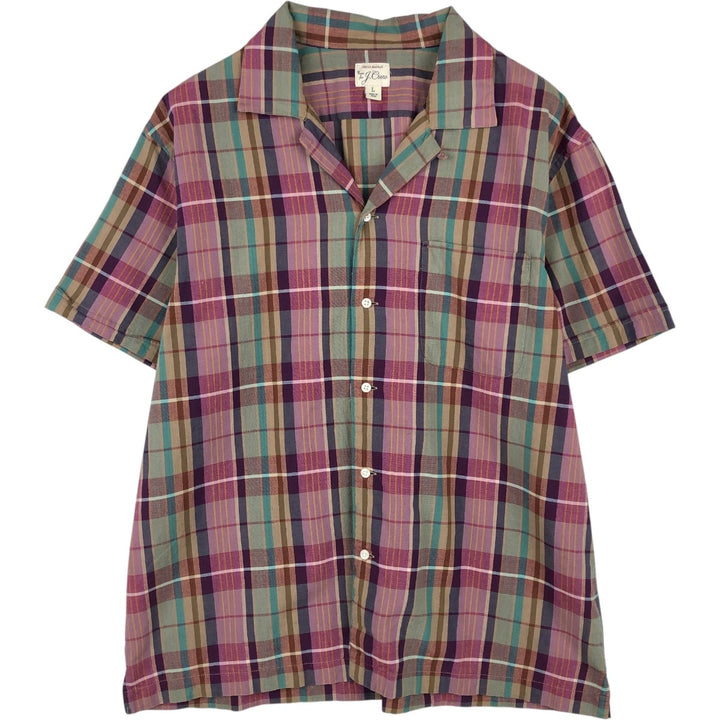 J.Crew Madras Check Short-Sleeve Open-Collar Cotton Shirt, Boxy Fit, Men's Size L (approx.) cotton Purple type red-purple Vintage Second Hand