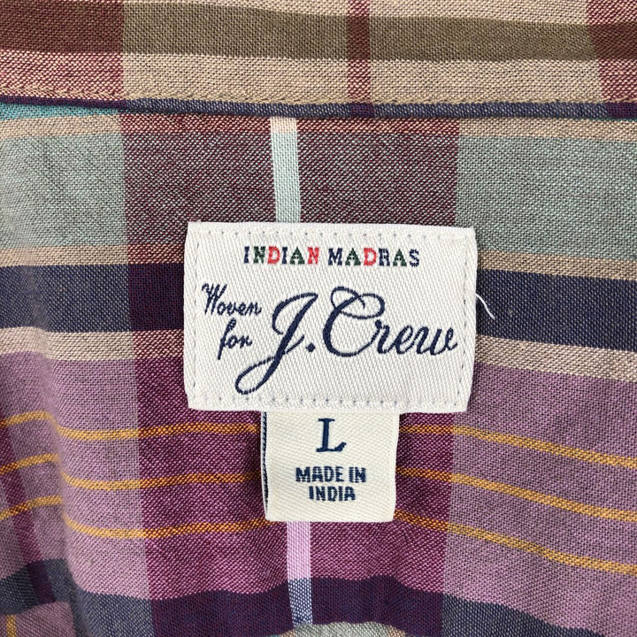 J.Crew Madras Check Short-Sleeve Open-Collar Cotton Shirt, Boxy Fit, Men's Size L (approx.) cotton Purple type red-purple Vintage Second Hand
