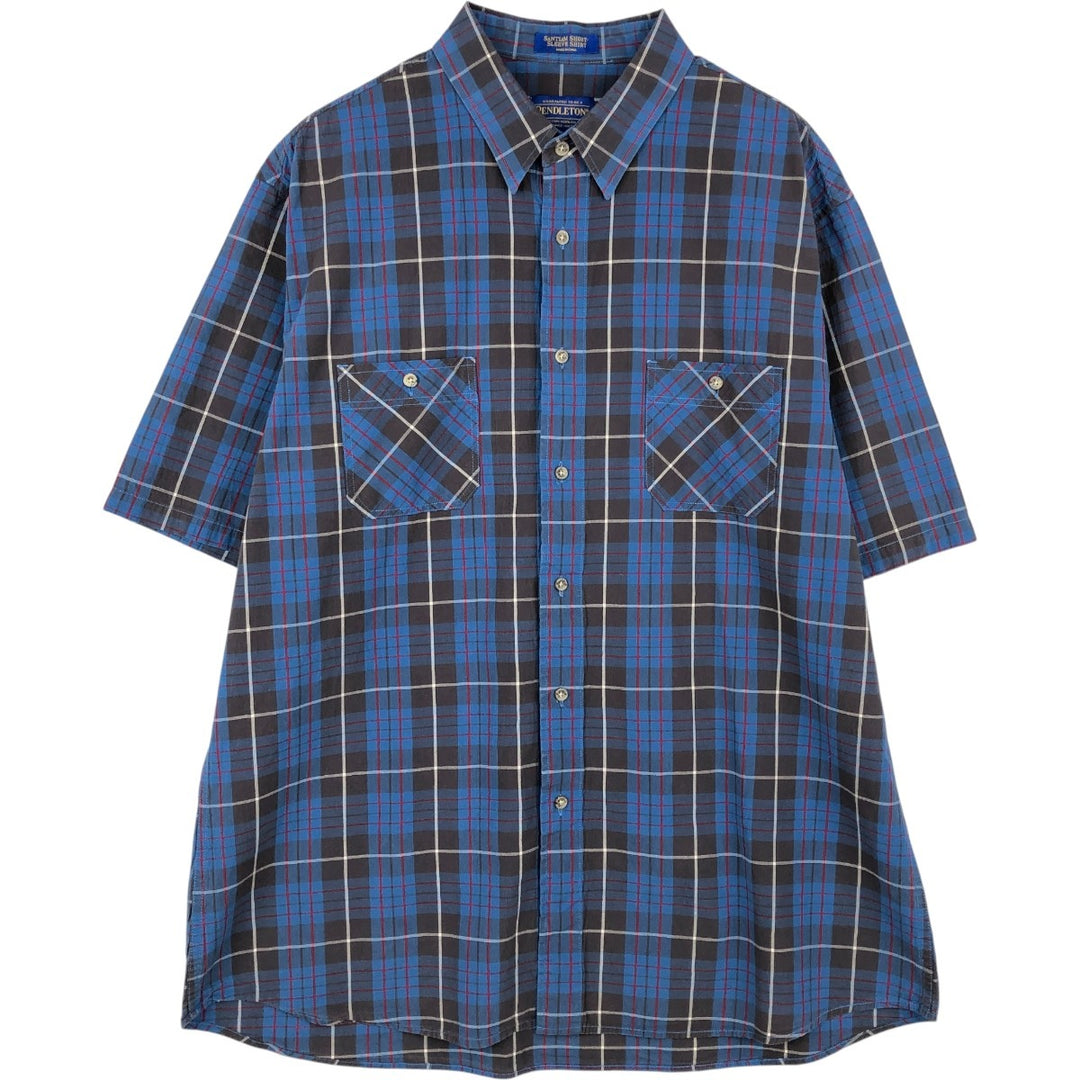 Pendleton Santiam Short-Sleeve Cotton Check Shirt (Men's Size XL) cotton navy blue type Vintage Second Hand