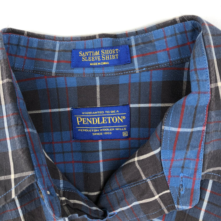 Pendleton Santiam Short-Sleeve Cotton Check Shirt (Men's Size XL) cotton navy blue type Vintage Second Hand