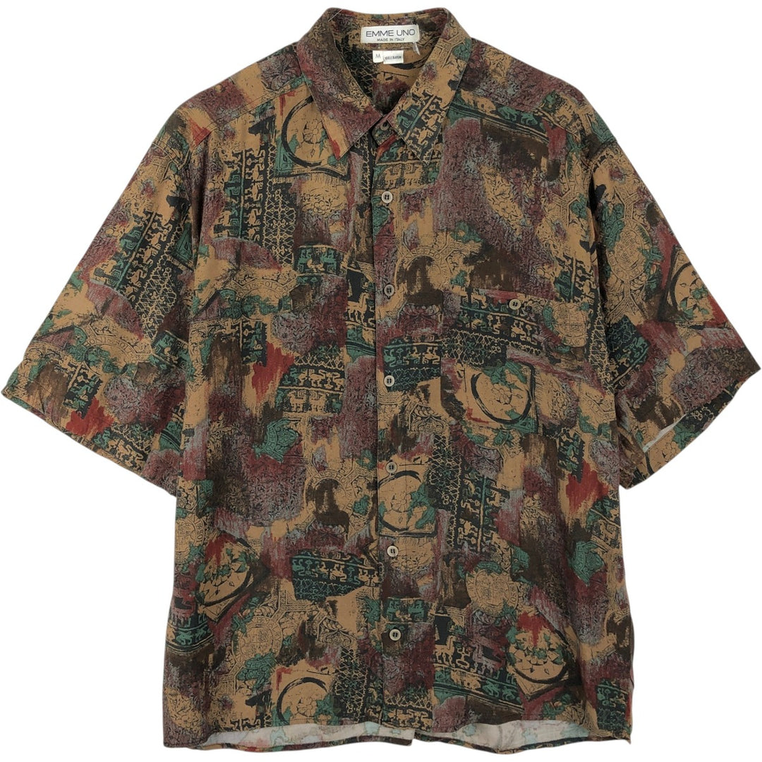EMME UNO all-over print short-sleeved rayon box shirt, made in Italy, men's size M equivalent. Rayon brown type Vintage Second Hand