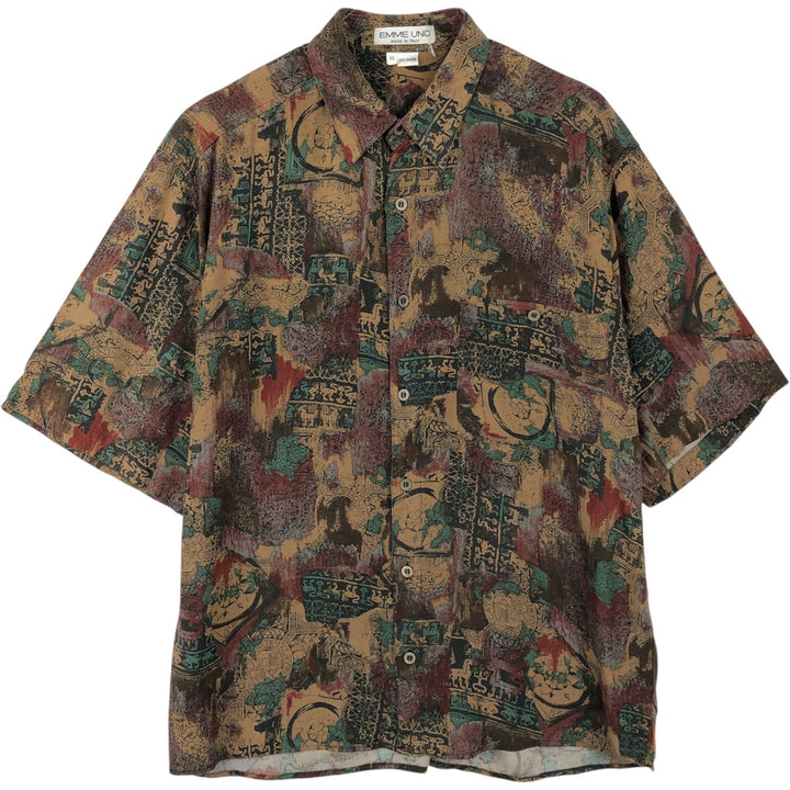 EMME UNO all-over print short-sleeved rayon box shirt, made in Italy, men's size M equivalent. Rayon brown type Vintage Second Hand