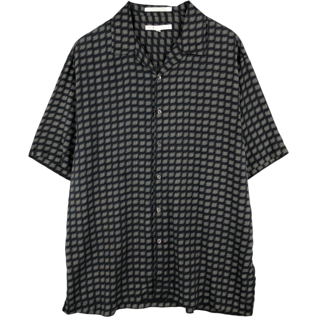 Perry Ellis all-over print short-sleeved open-collar silk shirt, boxy fit, men's size L (approx.) silk black type Vintage Second Hand