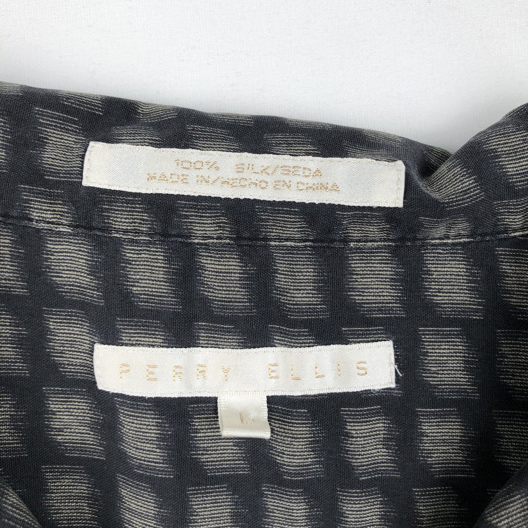Perry Ellis all-over print short-sleeved open-collar silk shirt, boxy fit, men's size L (approx.) silk black type Vintage Second Hand