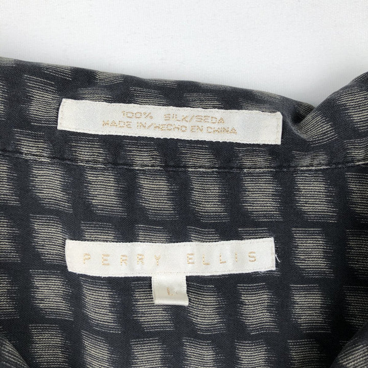 Perry Ellis all-over print short-sleeved open-collar silk shirt, boxy fit, men's size L (approx.) silk black type Vintage Second Hand