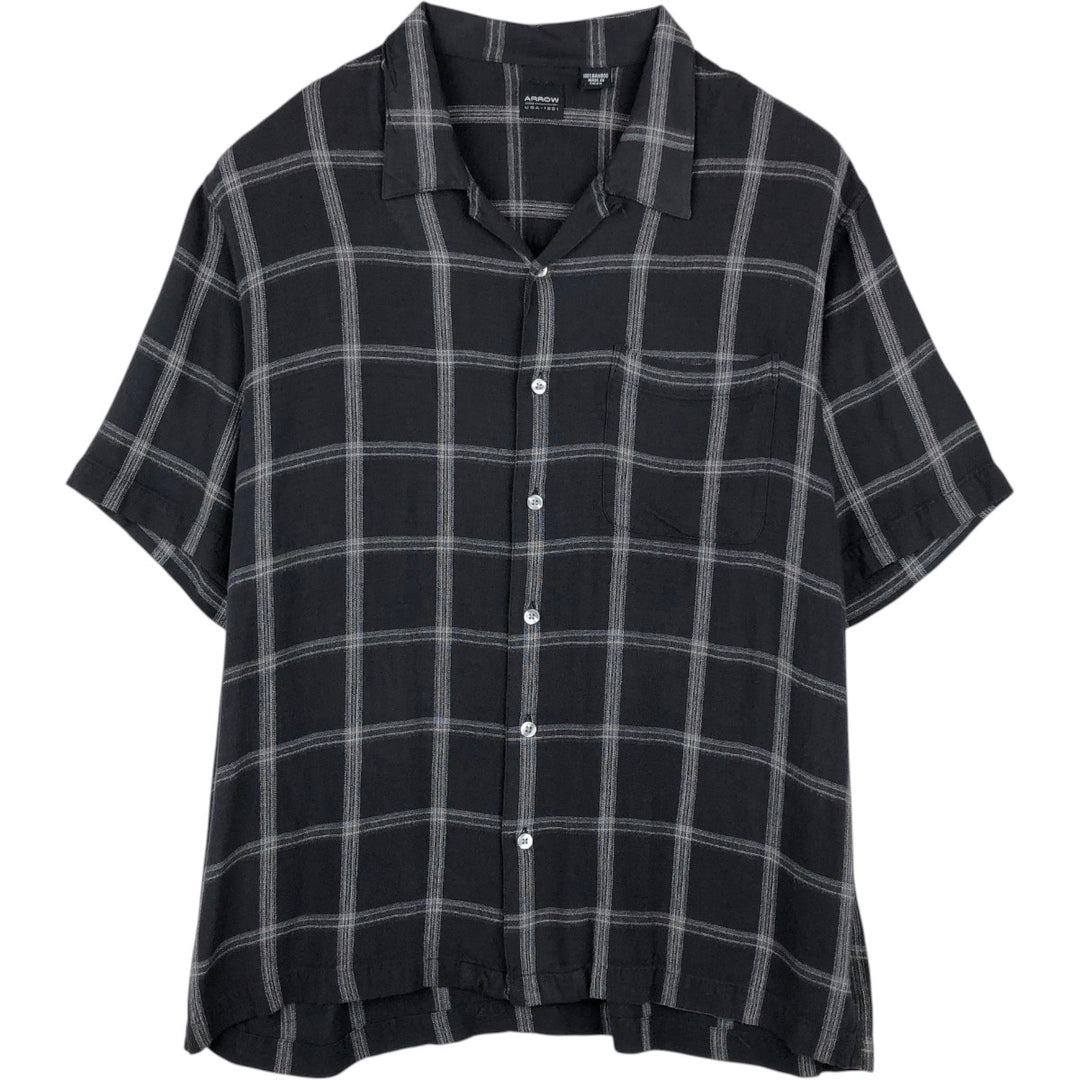 Arrow Check Pattern Short-Sleeve Open Collar Shirt, Boxy Shirt, Men's Size L (approx.) Bamboo black type Vintage Second Hand