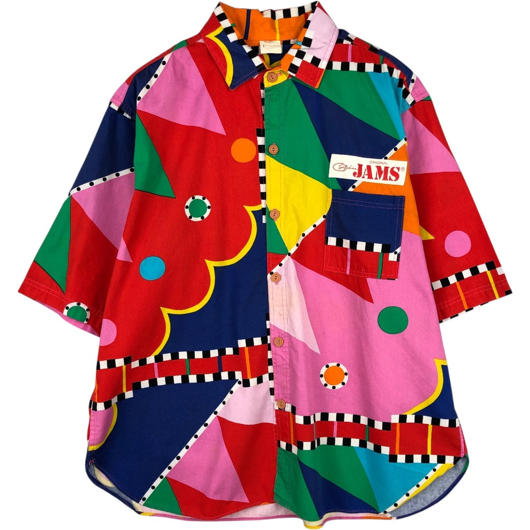 ~90'S JAMS all-over geometric print short-sleeved shirt, men's size XL equivalent, vintage. unclear red type Vintage Second Hand