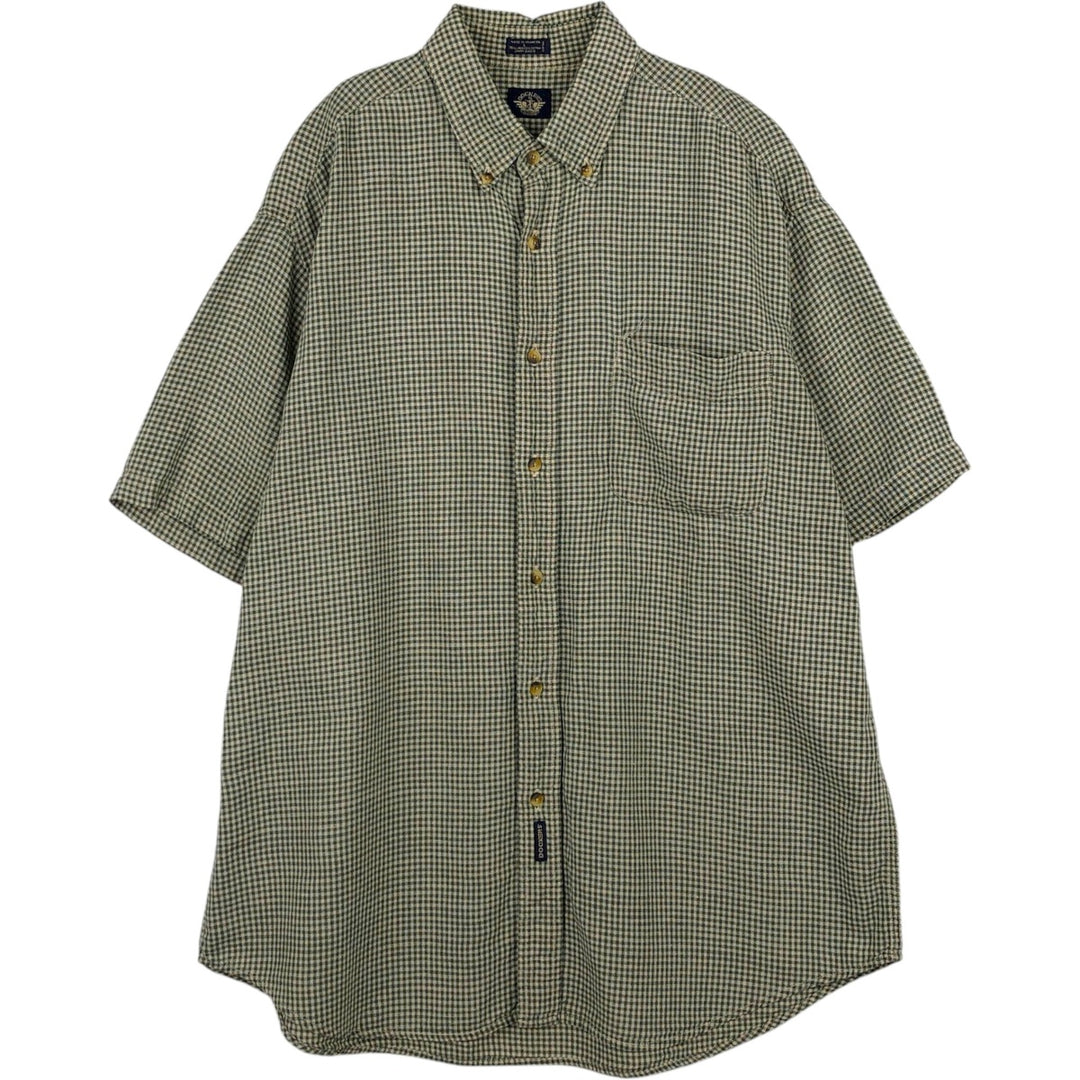 Dockers Check Pattern Gingham Check Short-Sleeve Cotton x Linen Button-Down Shirt (Men's Size L) linen Green type dark green Vintage Second Hand