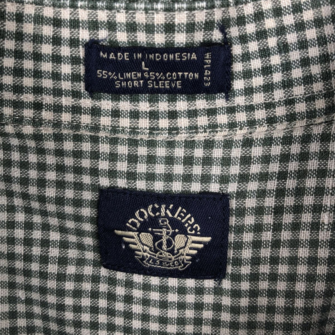 Dockers Check Pattern Gingham Check Short-Sleeve Cotton x Linen Button-Down Shirt (Men's Size L) linen Green type dark green Vintage Second Hand