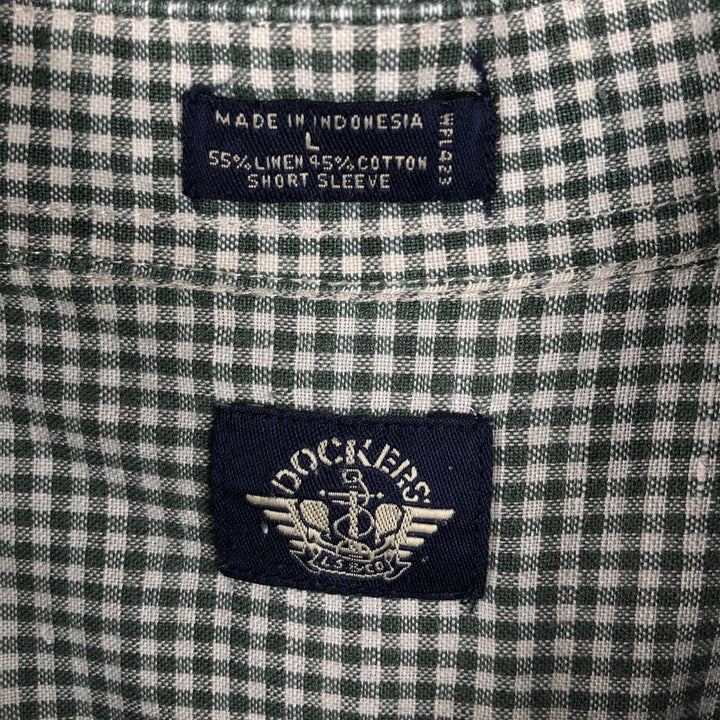 Dockers Check Pattern Gingham Check Short-Sleeve Cotton x Linen Button-Down Shirt (Men's Size L) linen Green type dark green Vintage Second Hand