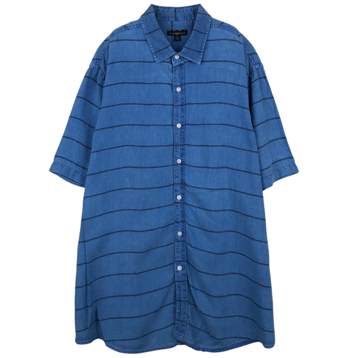 CLUB ROOM Border Pattern Wide Collar Short Sleeve Linen Shirt Box Shirt Men's XL Equivalent linen blue type Vintage Second Hand