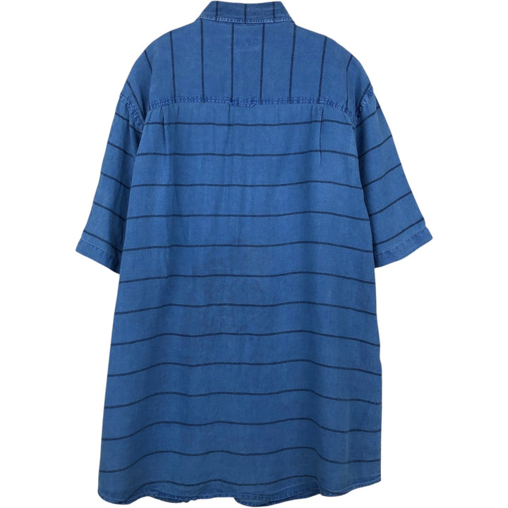 CLUB ROOM Border Pattern Wide Collar Short Sleeve Linen Shirt Box Shirt Men's XL Equivalent linen blue type Vintage Second Hand