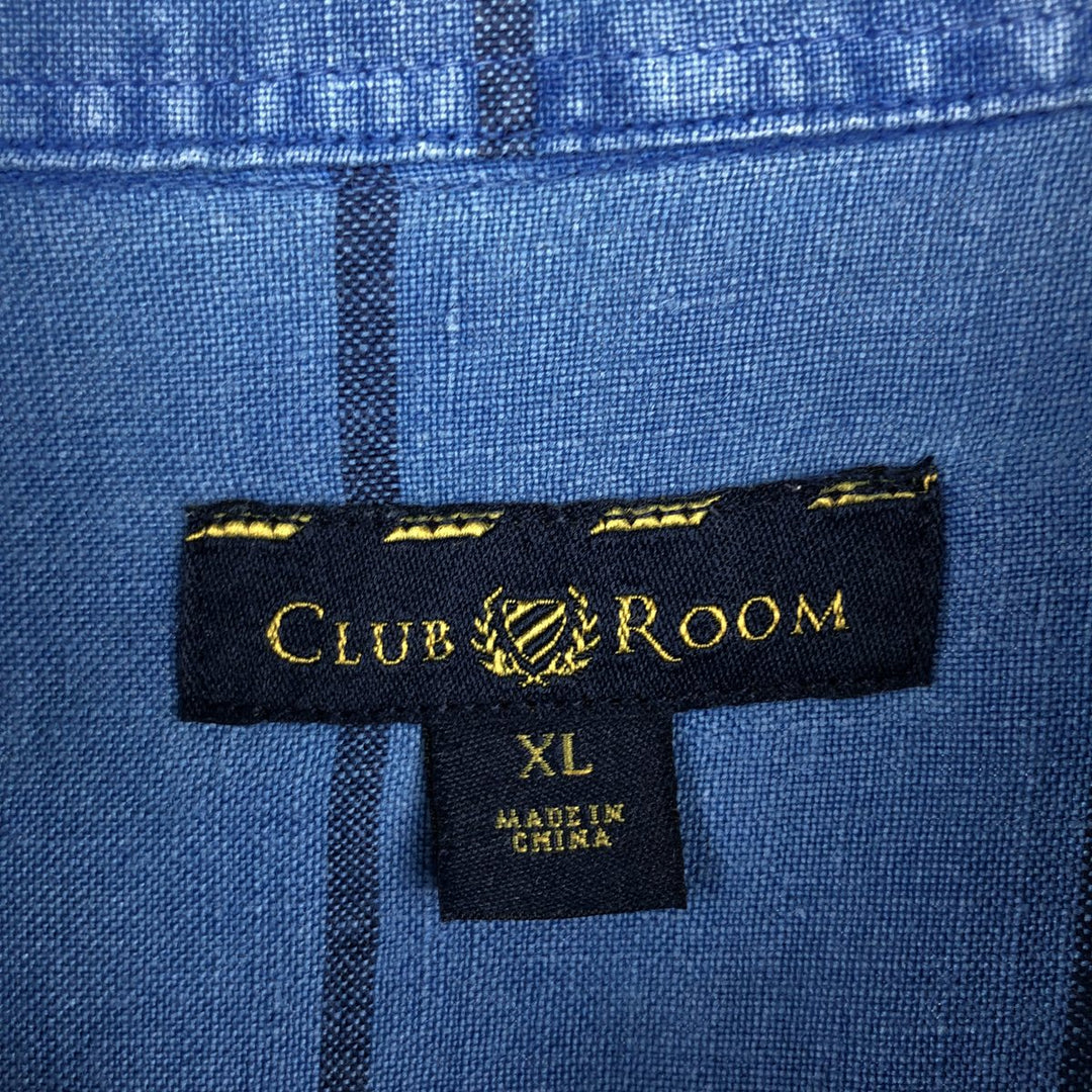 CLUB ROOM Border Pattern Wide Collar Short Sleeve Linen Shirt Box Shirt Men's XL Equivalent linen blue type Vintage Second Hand