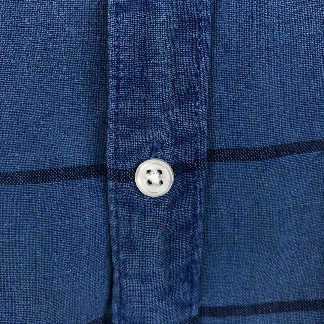 CLUB ROOM Border Pattern Wide Collar Short Sleeve Linen Shirt Box Shirt Men's XL Equivalent linen blue type Vintage Second Hand