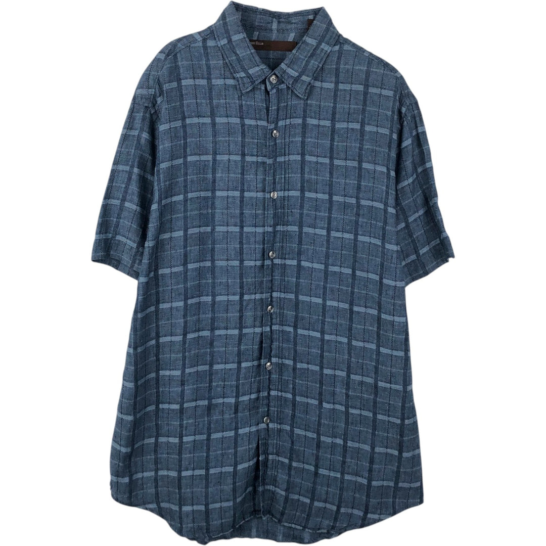 Perry Ellis Check Pattern Short-Sleeve Linen Box Shirt (Men's Size L equivalent) linen navy blue type Vintage Second Hand