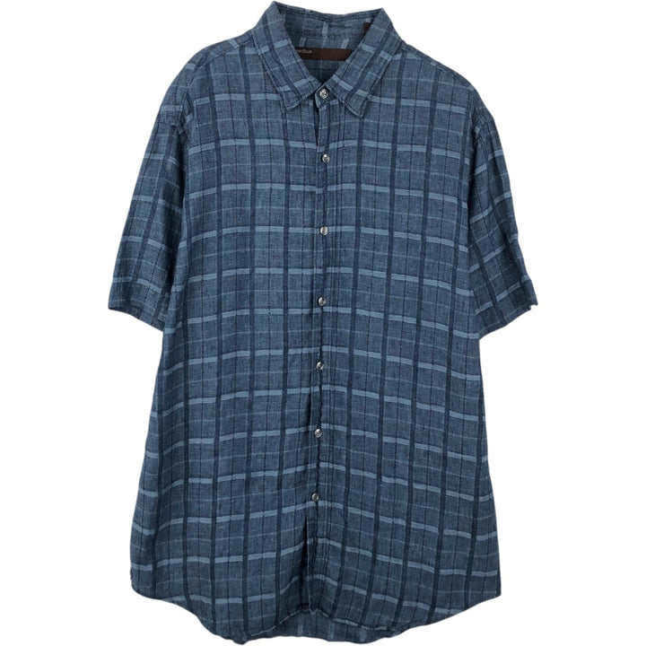 Perry Ellis Check Pattern Short-Sleeve Linen Box Shirt (Men's Size L equivalent) linen navy blue type Vintage Second Hand