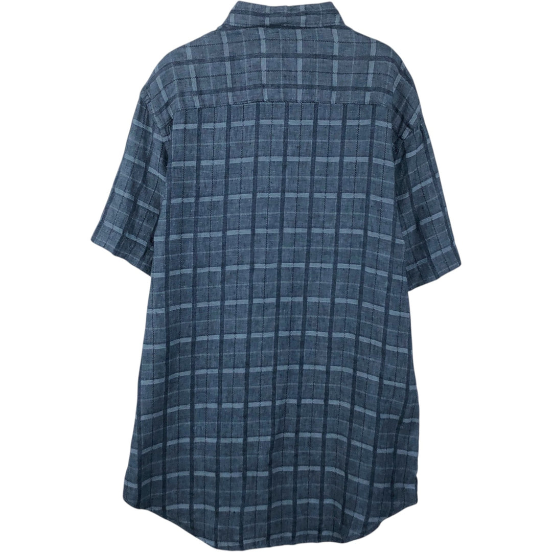 Perry Ellis Check Pattern Short-Sleeve Linen Box Shirt (Men's Size L equivalent) linen navy blue type Vintage Second Hand