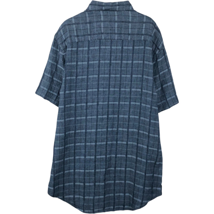 Perry Ellis Check Pattern Short-Sleeve Linen Box Shirt (Men's Size L equivalent) linen navy blue type Vintage Second Hand