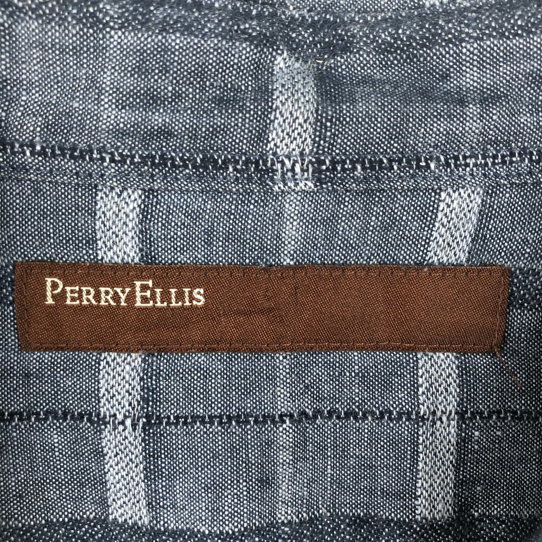 Perry Ellis Check Pattern Short-Sleeve Linen Box Shirt (Men's Size L equivalent) linen navy blue type Vintage Second Hand