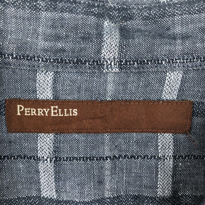 Perry Ellis Check Pattern Short-Sleeve Linen Box Shirt (Men's Size L equivalent) linen navy blue type Vintage Second Hand
