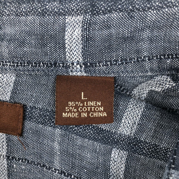 Perry Ellis Check Pattern Short-Sleeve Linen Box Shirt (Men's Size L equivalent) linen navy blue type Vintage Second Hand
