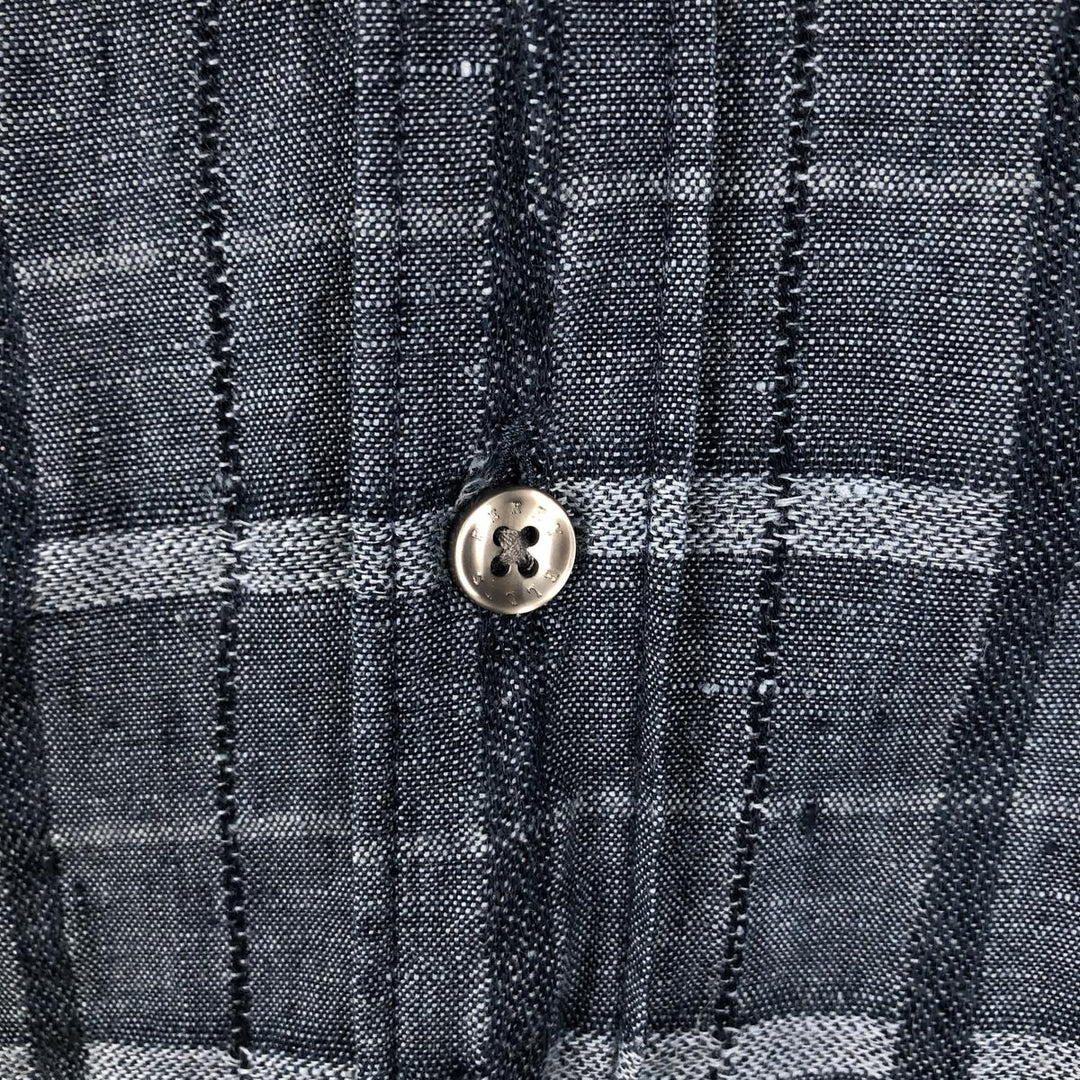 Perry Ellis Check Pattern Short-Sleeve Linen Box Shirt (Men's Size L equivalent) linen navy blue type Vintage Second Hand
